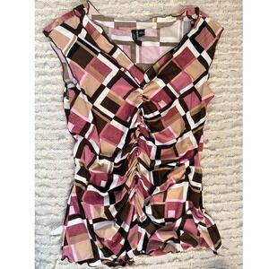Y2K Essentials  Ruched Geometric Print Top Women Size L Retro Indie Sleeze Boho